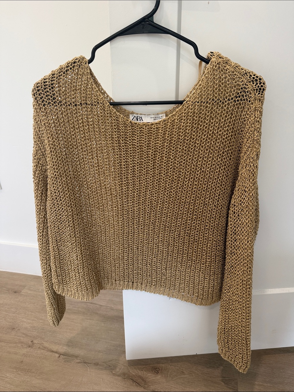 Zara Open-Knit Cropped Crew Sweater in Tan